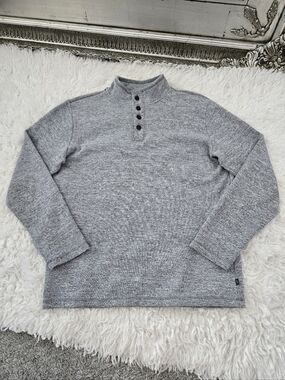 Gap cotton blend heather gray henley sweater. Featuring a 4-button mock neck des